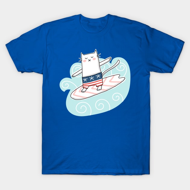 Cat Surfing in Waves T-Shirt by HappyCatPrints